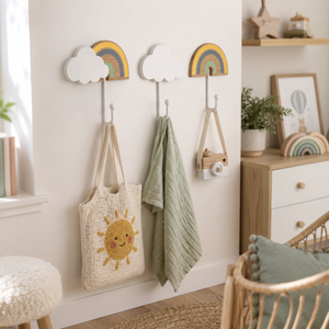 A styled interior scene showing wall-mounted rainbow and cloud hooks with hanging accessories: a sun-pattern tote bag, a folded green towel, a small camera bag with a wooden strap, and a small rainbow decoration. The room includes a dresser, shelf, plant, stool, and chair.