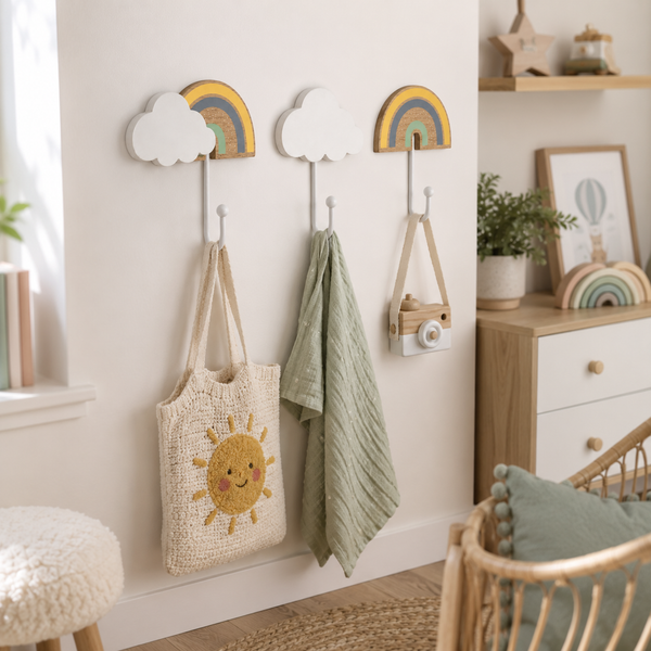 A styled interior scene showing wall-mounted rainbow and cloud hooks with hanging accessories: a sun-pattern tote bag, a folded green towel, a small camera bag with a wooden strap, and a small rainbow decoration. The room includes a dresser, shelf, plant, stool, and chair.