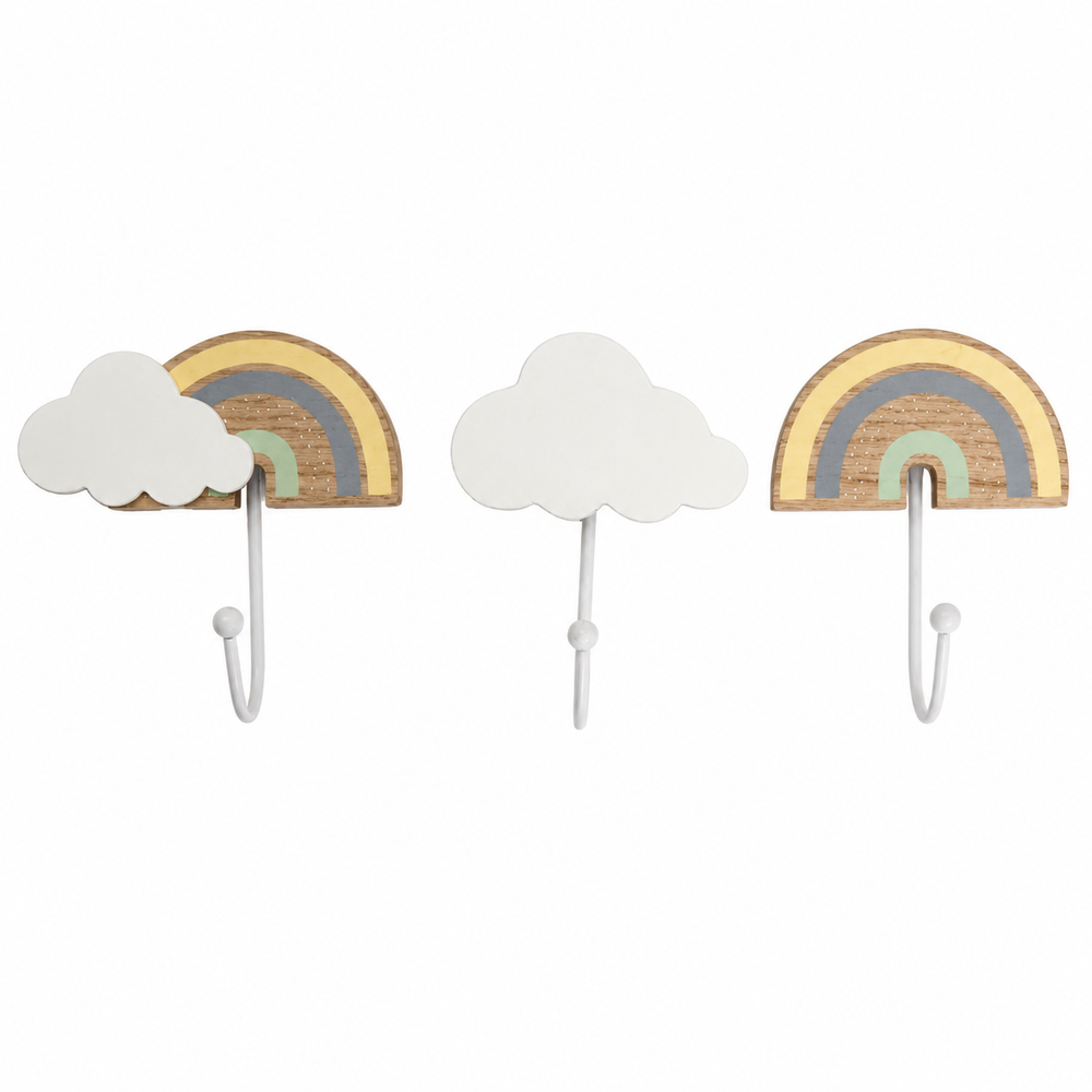 Three wall-mounted children's coat hooks with cloud and rainbow designs in soft pastel colors, shown hanging bags and a toy camera against a white wall.