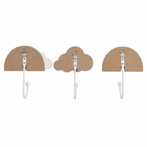 Three wall hooks with brown cardboard backs in semicircle, cloud, and cloud-with-leaf shapes, shown on a plain white background.