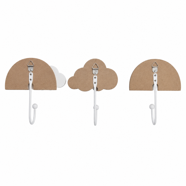 Three wall hooks with brown cardboard backs in semicircle, cloud, and cloud-with-leaf shapes, shown on a plain white background.
