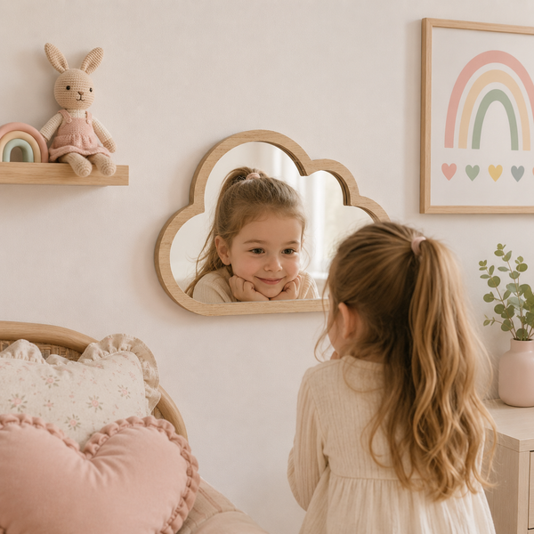 A young girl with blonde hair in a ponytail looks at her reflection in a cloud-shaped wooden wall mirror. The scene is set in a soft, warm, neutral nursery with a pink heart-shaped pillow, a plush bunny on a shelf, and a framed rainbow print on the wall.