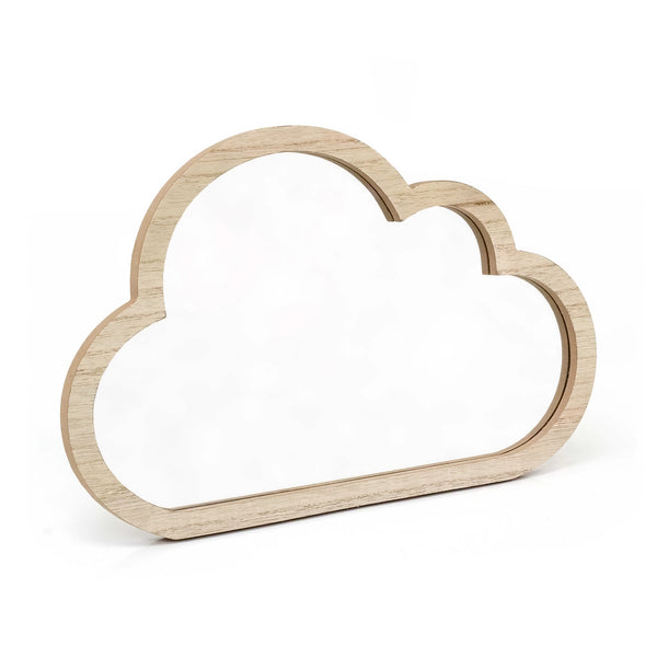A cloud-shaped wooden mirror with a light natural oak frame, shown on a clean white background.