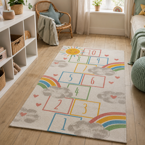 A rectangular area rug with a playful children's hopscotch and rainbow design, displayed on a light wood floor in a bright, modern nursery or playroom.