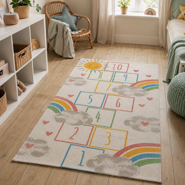 A rectangular area rug with a playful children's hopscotch and rainbow design, displayed on a light wood floor in a bright, modern nursery or playroom.
