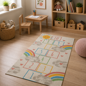 A rectangular children's rug with a colorful hopscotch grid, rainbows, clouds, and hearts on a light beige background, shown in a styled children's room with a wooden chair, desk, bookshelf, and toys.