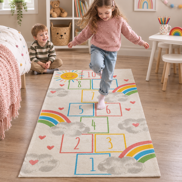 A child's play rug with a colorful hopscotch layout, rainbows, clouds, and hearts, shown in a child's bedroom with two children on a wooden floor.