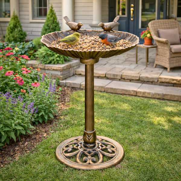 Bronze Effect Freestanding Bird Bath Garden Water Feeder