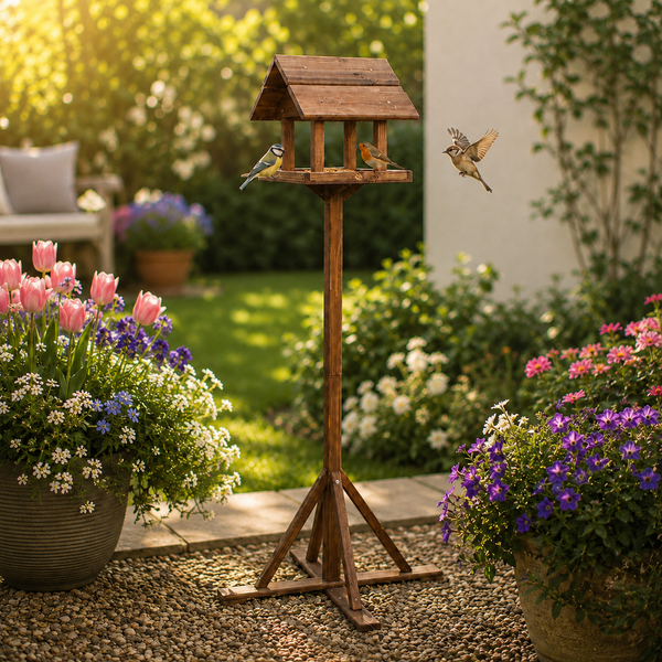 Premium Freestanding Wooden Bird Feeding Station