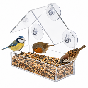 A clear acrylic house-shaped bird feeder with three suction cups, shown on a white background with three small birds perched on the seed tray.