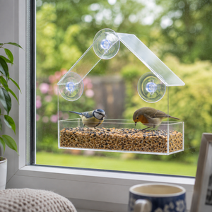 A clear acrylic house-shaped bird feeder with three suction cups, filled with birdseed, hanging on a window. Two small birds are perched on the feeder, with a blurred garden background and a mug in the foreground.