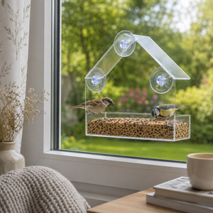 A clear house-shaped bird feeder with two suction cups mounted on a window, filled with birdseed, with two small birds perched on it. A garden is visible outside the window, and a table with a mug sits in the foreground.