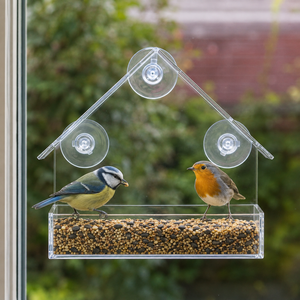 A clear acrylic house-shaped bird feeder with two suction cups and a seed tray, shown on a window with two small birds standing in it against a blurred green outdoor background.