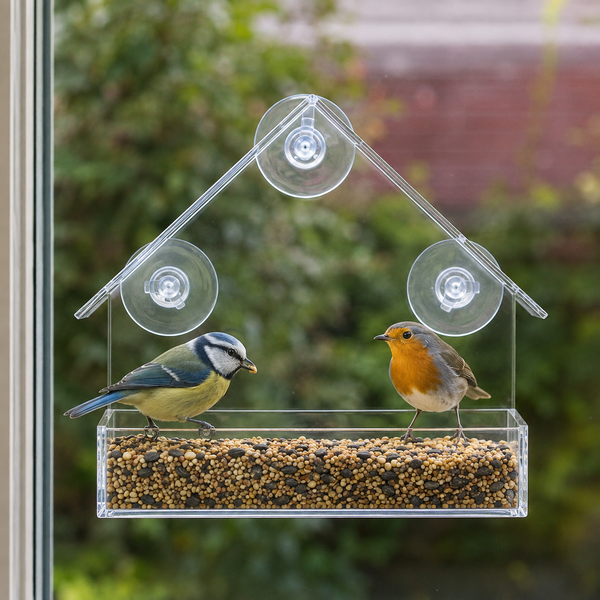 A clear acrylic house-shaped bird feeder with two suction cups and a seed tray, shown on a window with two small birds standing in it against a blurred green outdoor background.