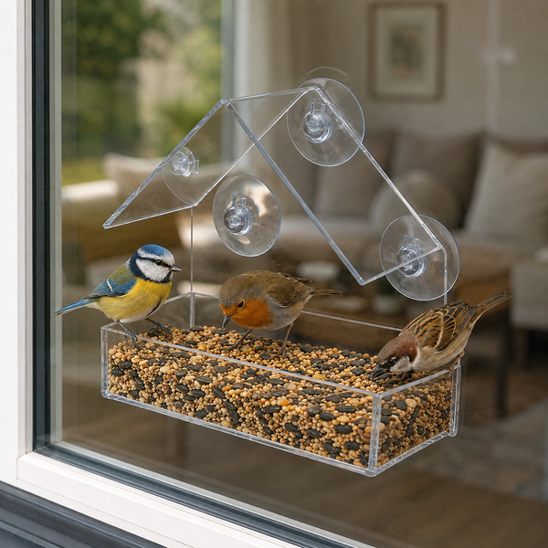 A clear acrylic house-shaped bird feeder with suction cups mounted on a window, holding mixed seed. Three small birds are gathered around it, with a blurred living room visible in the background.