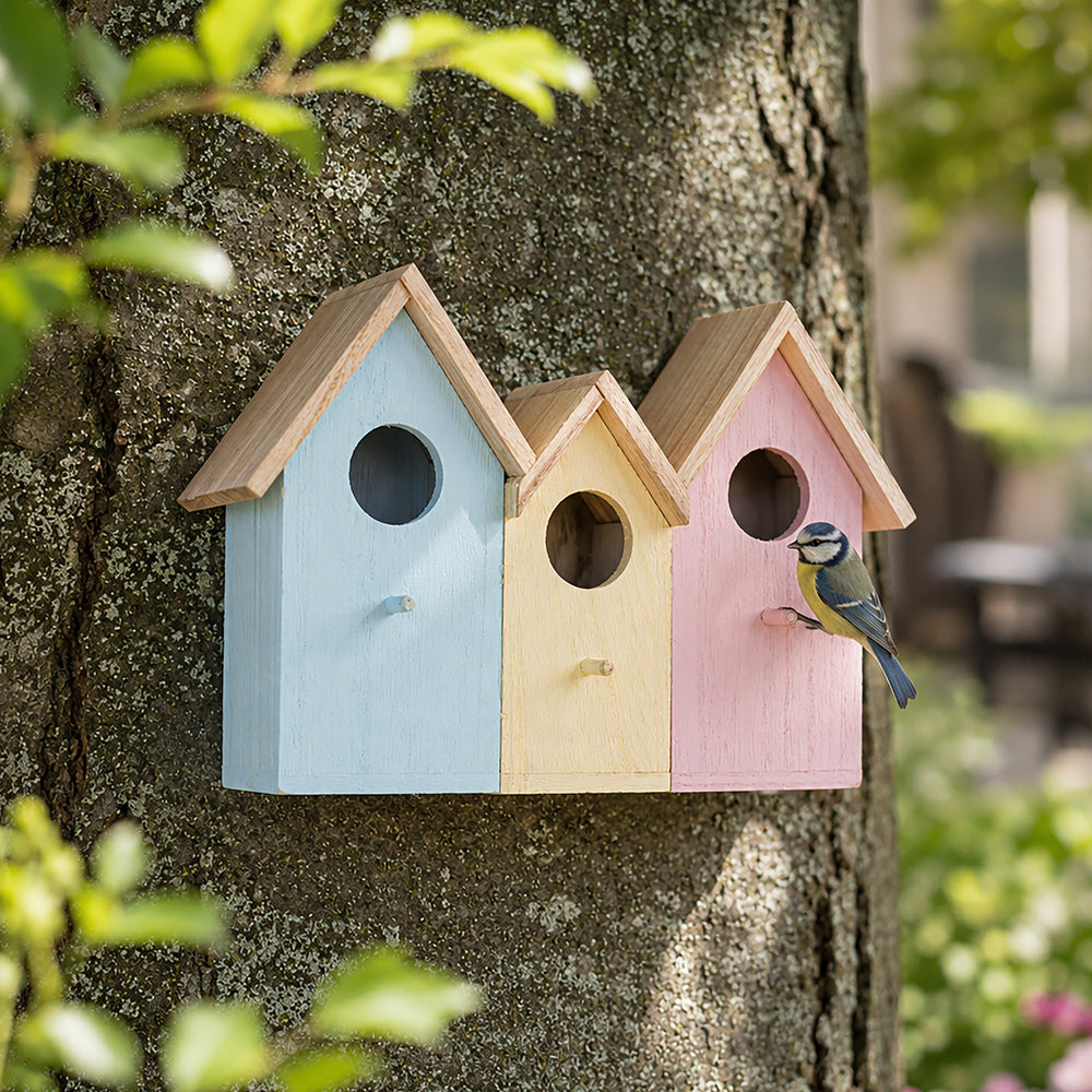 Three small house-shaped birdhouses in pastel blue, cream, and pink are mounted on a tree trunk outdoors, with a small bluebird perched on the right birdhouse.