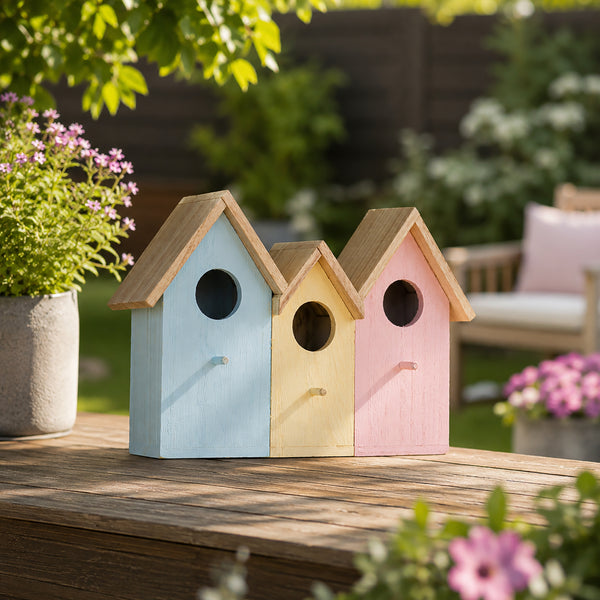 Three small wooden birdhouses in pastel blue, cream, and pink, arranged on a wooden table in a garden setting with flowers and greenery in the background.