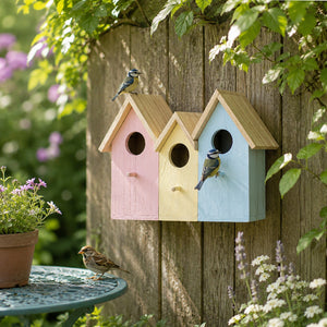 Three small wooden birdhouses in pastel pink, yellow, and light blue hang on a weathered wooden fence in a garden, with birds perched on and near them. A potted plant and table are visible in the foreground.