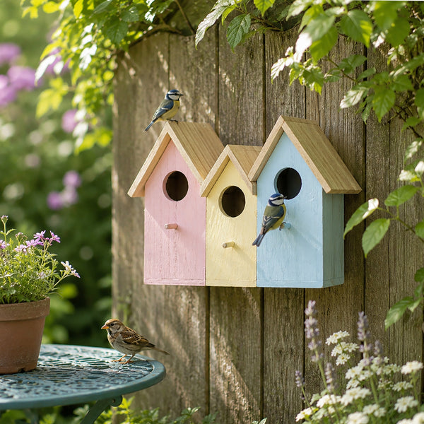 Three small wooden birdhouses in pastel pink, yellow, and light blue hang on a weathered wooden fence in a garden, with birds perched on and near them. A potted plant and table are visible in the foreground.