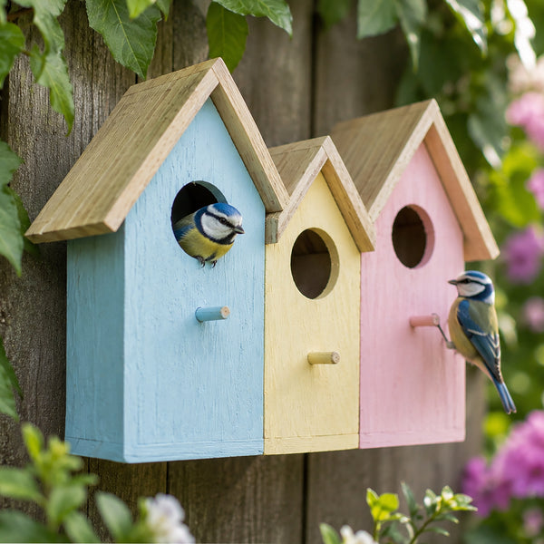 Three wooden birdhouses in pastel blue, yellow, and pink hang on a weathered wooden fence, with two blue tits perched on them and green leaves and flowers around them.