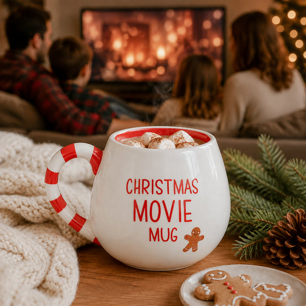 A white ceramic mug with a red and white candy cane handle sits on a wooden table in a cozy living room setting. The mug is filled with marshmallows and hot chocolate, and the words 'CHRISTMAS MOVIE MUG' are printed on the front in red, alongside a small gingerbread man graphic.