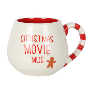White mug with red interior, handle, and text 'Christmas Movie Mug' on a white background