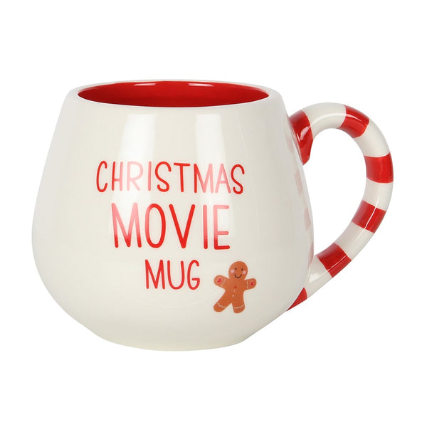 White mug with red interior, handle, and text 'Christmas Movie Mug' on a white background