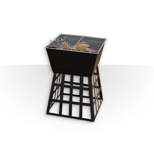 Black gothic square fire pit in outdoor garden setting