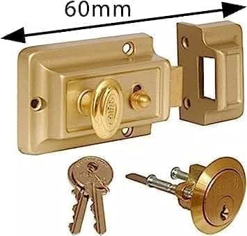Polished brass rim night latch door lock with keys