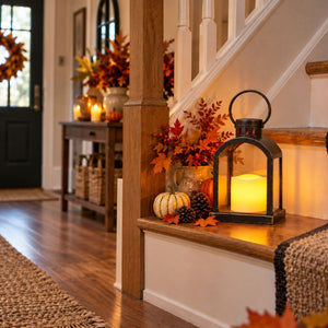 A black metal lantern with a glowing yellow pillar candle placed on a wooden staircase landing in a warmly lit home entryway, surrounded by autumn leaves, pumpkins, and a vase.