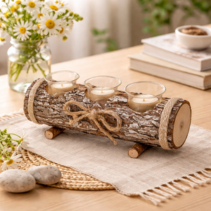 A rustic log-shaped candle holder with three clear glass cups holding tealight candles, wrapped with twine and tied with a bow, displayed on a woven placemat on a wooden table with flowers and books in the background.