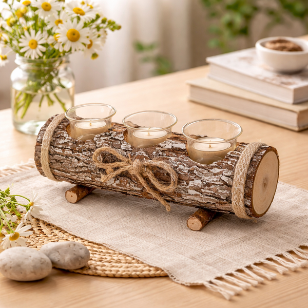 A rustic log-shaped candle holder with three clear glass cups holding tealight candles, wrapped with twine and tied with a bow, displayed on a woven placemat on a wooden table with flowers and books in the background.