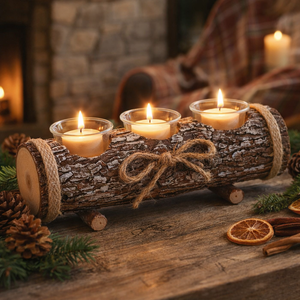 Three lit tea light candles in clear glass holders set on a rustic log-shaped decorative stand with bark texture, twine wrap, and a bow, styled on a wooden surface with pinecones, evergreen branches, dried orange slices, cinnamon sticks, and a warm blurred indoor background.