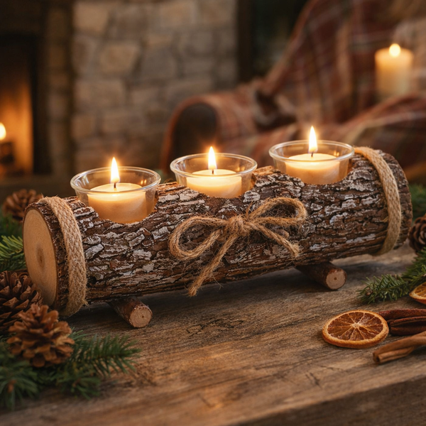 Three lit tea light candles in clear glass holders set on a rustic log-shaped decorative stand with bark texture, twine wrap, and a bow, styled on a wooden surface with pinecones, evergreen branches, dried orange slices, cinnamon sticks, and a warm blurred indoor background.
