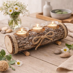 A rustic log candle holder with three lit tealight candles, styled on a wooden tabletop with daisies, pebbles, and a blurred spa-like background.