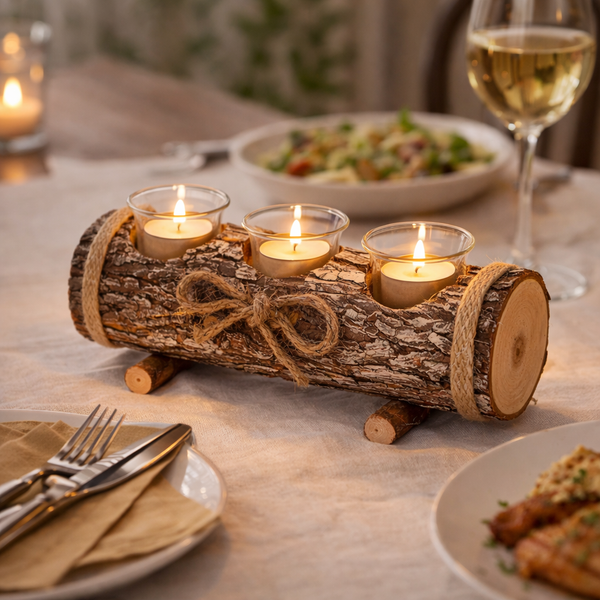 A rustic three-light candle holder made from a real log slice, wrapped with twine and tied with a bow, holding three lit tealight candles on a dining table.