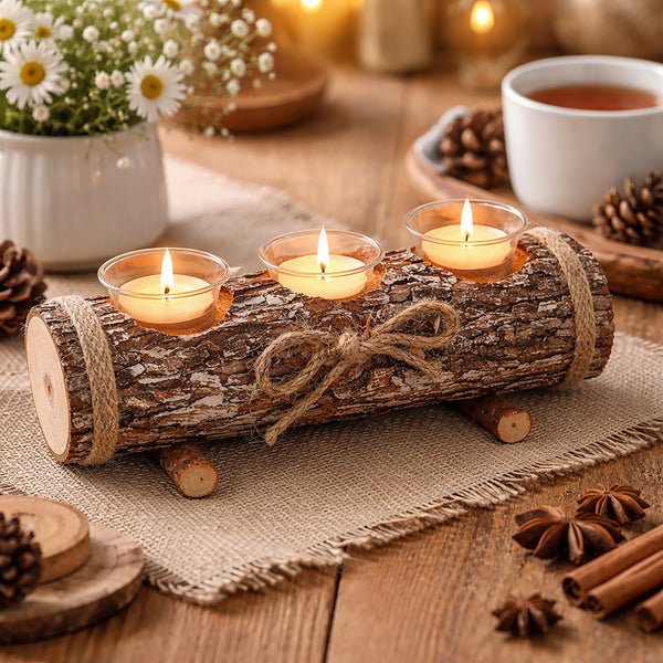 A rustic log-shaped candle holder with three lit tealight candles, wrapped in twine and tied with a bow, set on a burlap-covered wooden table with warm holiday decor in the background.