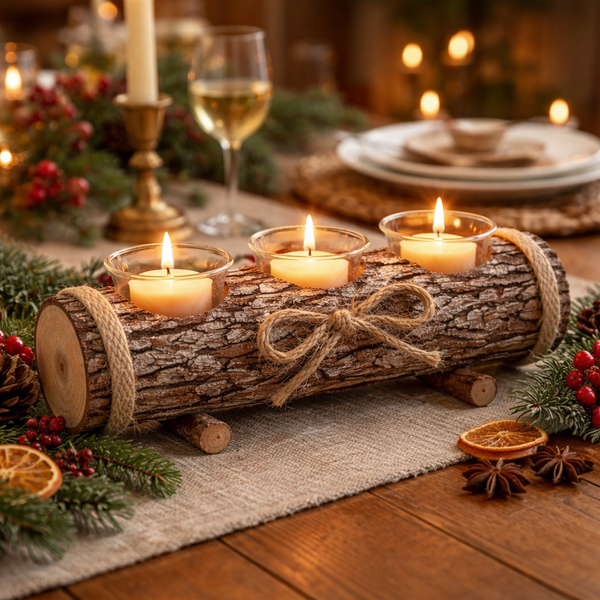 A rustic three-tiered tea light holder made from a log slice with twine and wooden supports, holding three lit tealight candles on a decorated holiday table.