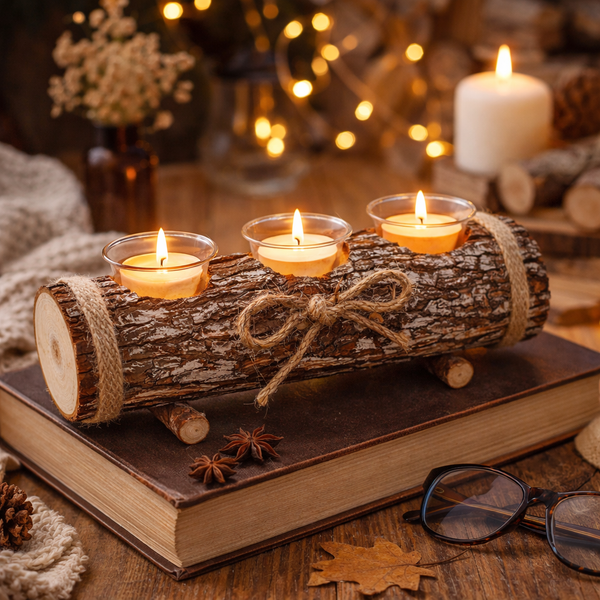 Three small tealight candles in clear glass holders sit on top of a rustic log-shaped decorative object wrapped with twine, placed on an old book in a cozy styled setting with warm string lights, a white candle, dried flowers, and eyeglasses.