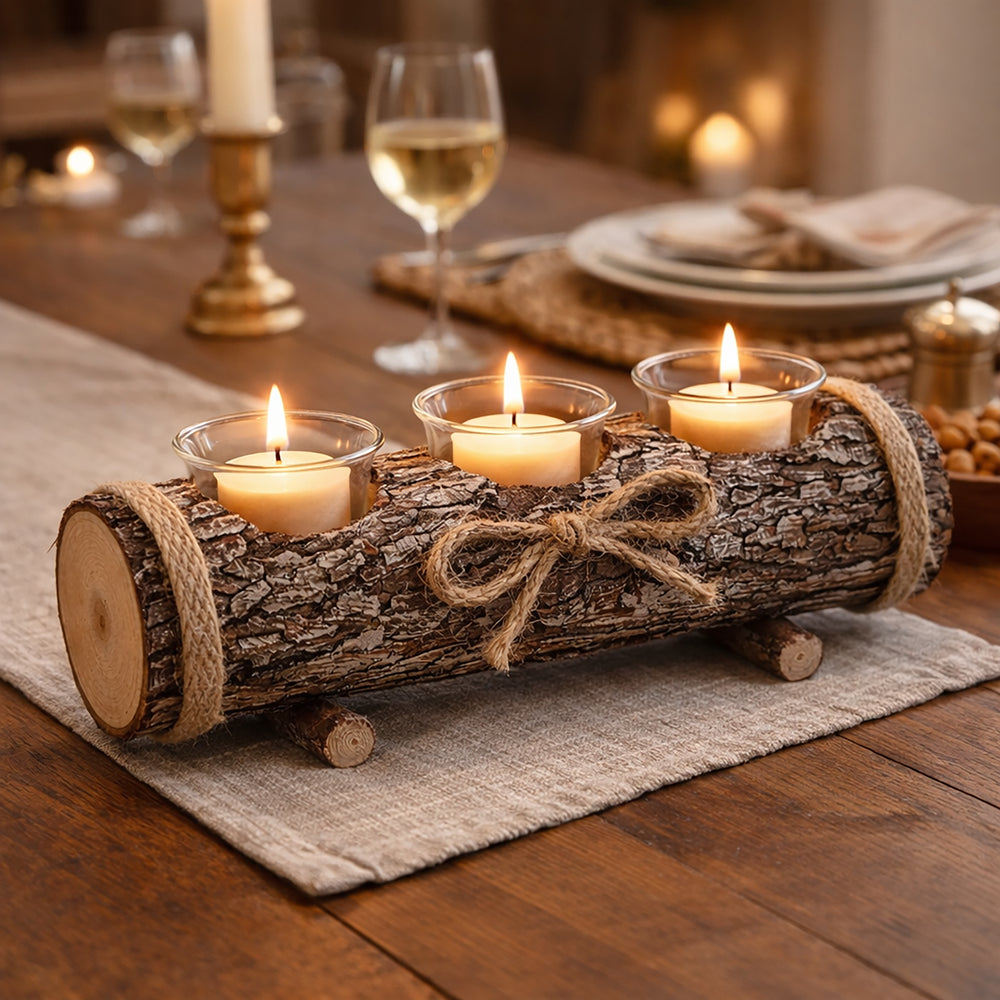 A rustic three-candle holder made from a log slice with twine and small wooden feet, holding three lit tealight candles on a dining table runner.