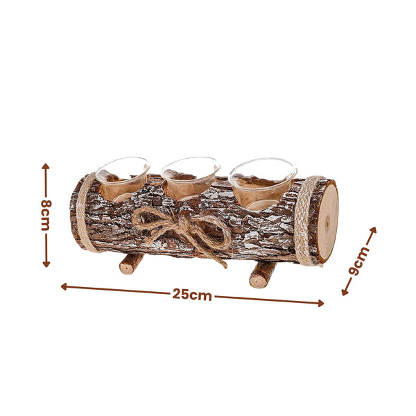 Three clear glass tequila shot glasses set in a rustic log-shaped holder with faux bark texture, twine, and small wooden feet, shown with dimension arrows labeled 25cm, 8cm, and 9cm on a white background.