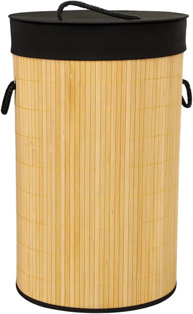 Wooden laundry basket with a black lid in a room setting