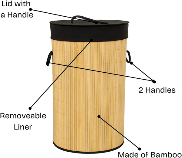 Bamboo laundry basket with features labeled on a white background