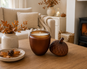 An amber glass jar candle with a single lit wick sits on a wooden table next to a decorative acorn-shaped object, in a cozy living room setting with autumn decor.