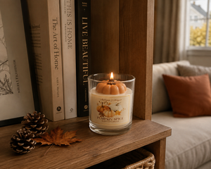 A lit candle in a clear glass jar sits on a wooden shelf beside books, pinecones, and a fall leaf. The candle label reads 'Pumpkin Spice' and shows a small pumpkin illustration.