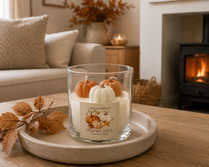 A glass jar candle labeled 'Pumpkin Spice' sits on a round tray on a wooden table in a cozy living room setting with a fireplace, couch, and fall leaves.