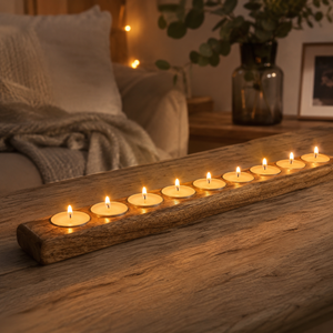 A rustic wooden tray holding nine lit tealight candles, placed on a wooden table in a cozy living room setting with warm ambient lighting.