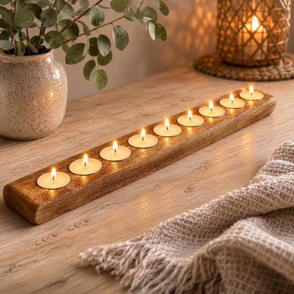 A wooden candle holder with nine small tealight candles arranged in a row, placed on a wooden table with a vase of greenery and a woven lantern in the background.