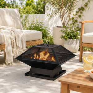 Premium Square Fire Pit with BBQ Grill Mesh Lid & Poker