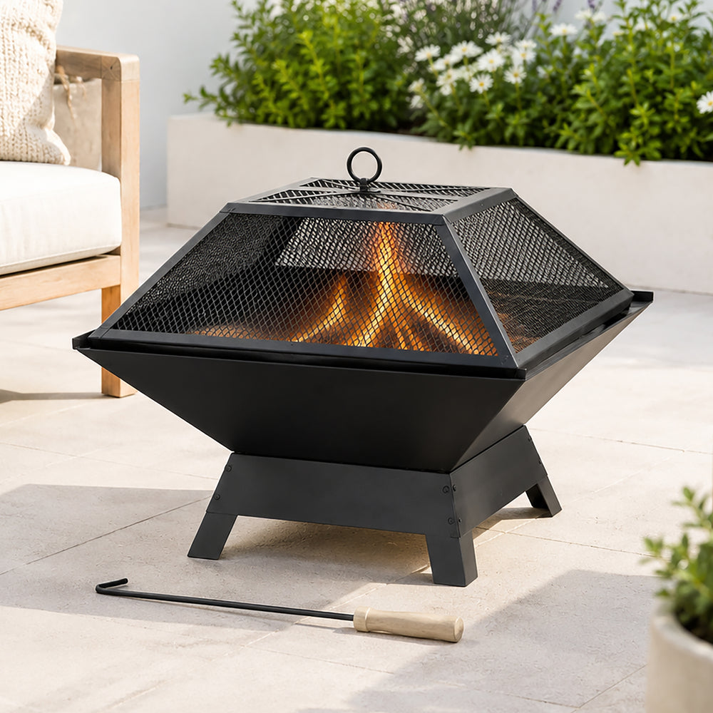 Premium Square Fire Pit with BBQ Grill Mesh Lid & Poker